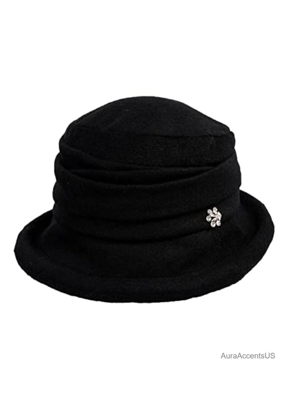 Wool Cloche Hat Vintage 1920s Winter Bucket Hat Floral Decor Adjustable Packable